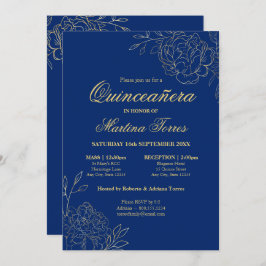 Blommigt Royal Blue Guld Fine Art Quinceanera Inbjudningar