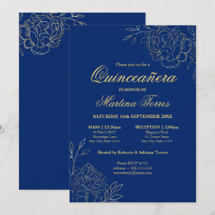 Blommigt Royal Blue Guld Fine Art Quinceanera Inbjudningar