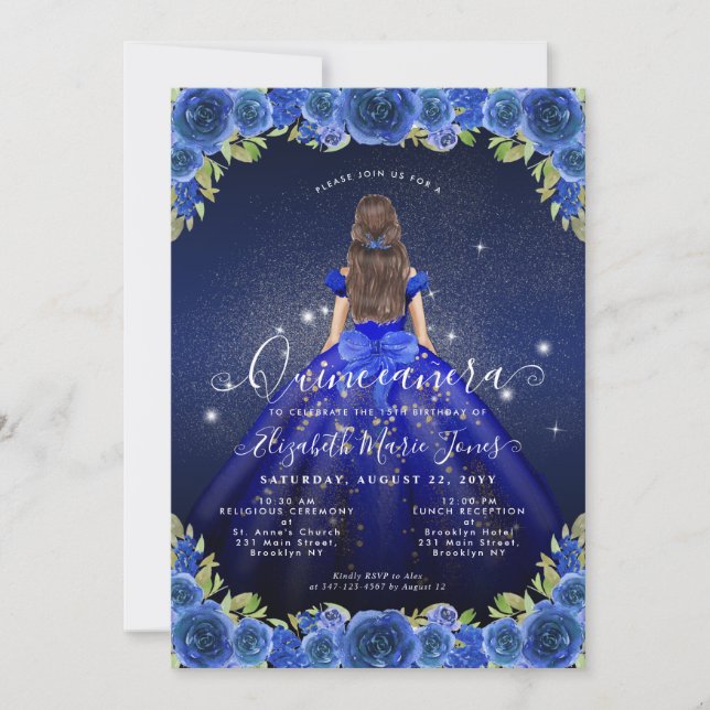 Blommigt Royal Blue Guld Glam Princess Quinceanera Inbjudningar (Framsida)