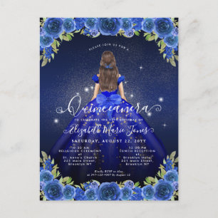 Blommigt Royal Blue Guld Glam Princess Quinceanera Vykort