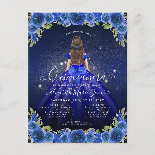 Blommigt Royal Blue Guld Glam Princess Quinceanera Vykort (Framsida)