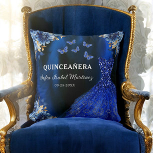 Blommigt Royal Blue Guld Princess Quinceanera Kudde