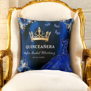 Blommigt Royal Blue Guld Princess Quinceanera Kudde