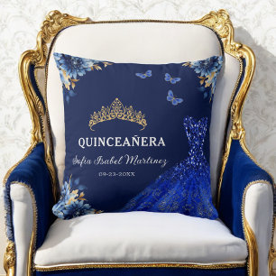 Blommigt Royal Blue Guld Princess Quinceanera Kudde
