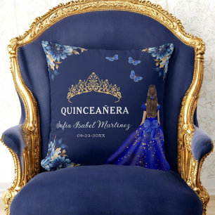 Blommigt Royal Blue Guld Princess Quinceanera Kudde