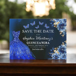 Blommigt Royal Blue Princess Birthday Quinceanera Spara Datumet<br><div class="desc">Fira i stil med inbjudan till Blommigt Rosa och Guld prinsessan Birthday Quinceañera. Den här eleganten har mjuka blommigtar i rosa parade med lyxfyllda accenter i guld, perfekt för ett vanligt och minnesvärt 15-årsfirande. Inbjudan är ett tecken på nåd och sofistikering, passande för prinsessan. Den känsliga blommigten och skuggningen av...</div>
