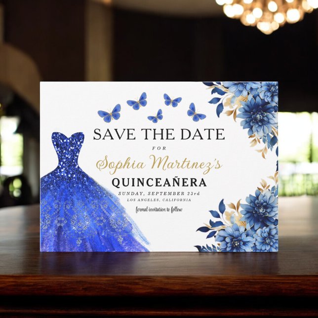 Blommigt Royal Blue Princess Birthday Quinceanera Spara Datumet (Skapare uppladdad)