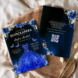 Blommigt Royal Blue QR Code Princess Quinceanera Inbjudningar