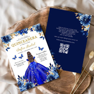 Blommigt Royal Blue QR Code Princess Quinceanera Inbjudningar