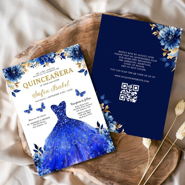 Blommigt Royal Blue QR Code Princess Quinceanera Inbjudningar (Skapare uppladdad)