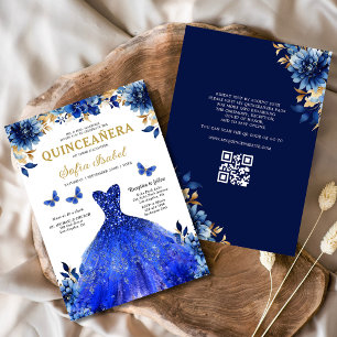 Blommigt Royal Blue QR Code Princess Quinceanera Inbjudningar