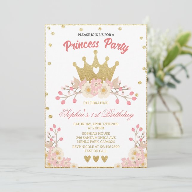  Blommigt Royal Krona Princess Födelsedagsfest Inbjudningar (Stående Fram)