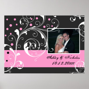 Blommigt rulla löv svartfärgad rosa bröllop-foto poster