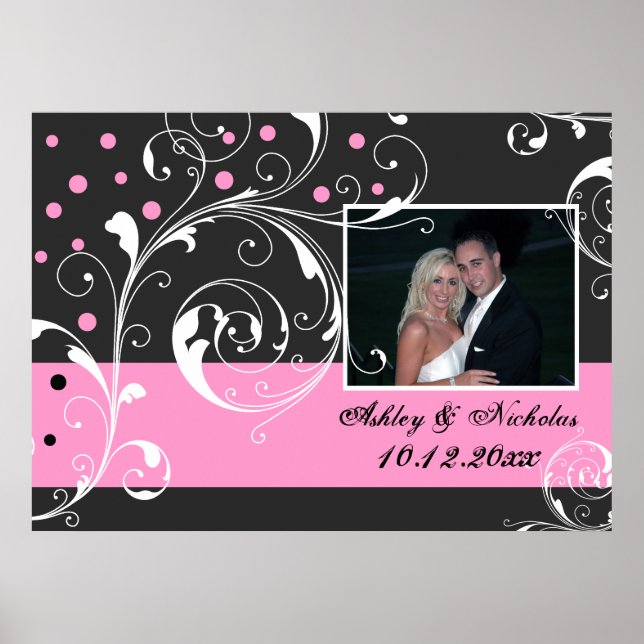 Blommigt rulla löv svartfärgad rosa bröllop-foto poster (Framsidan)
