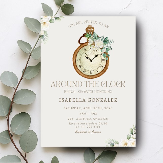 Blommigt runt Möhippan Klocka Inbjudningar (Floral Around the Clock Bridal Shower Invitation)