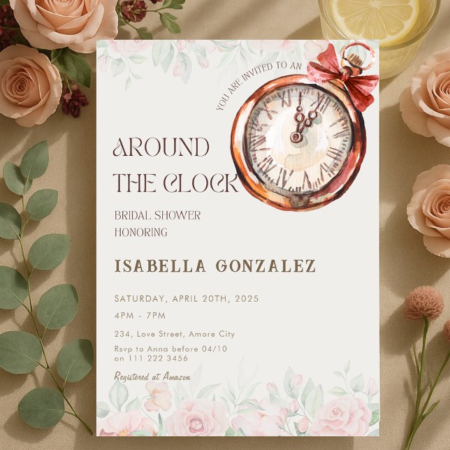 Blommigt runt Möhippan Klocka Inbjudningar (Floral Around the Clock Bridal Shower Invitation)