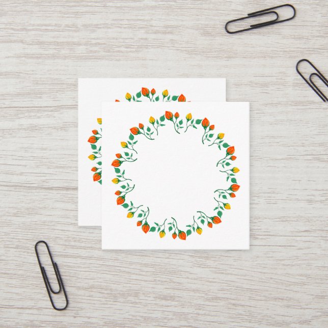 Blommigt runt ram med blomman gult och röd ros fyrkantigt visitkort (Fram/Back In Situ)