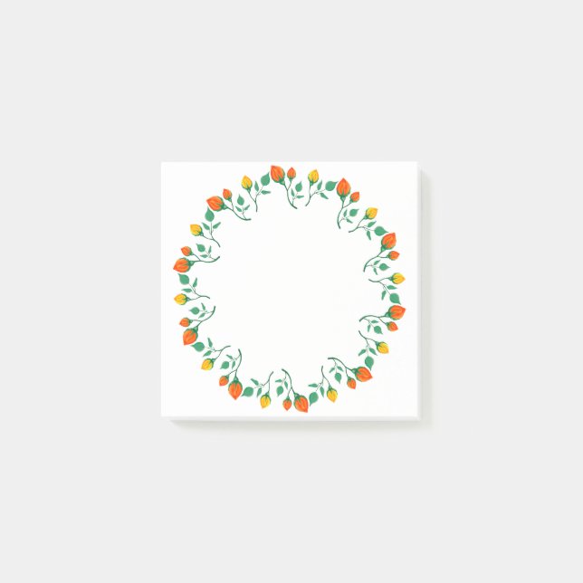 Blommigt runt ram med blomman gult och röd ros post-it block (Framsida)