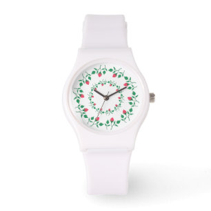 Blommigt runt ram med blommor från rosa ros armbandsur