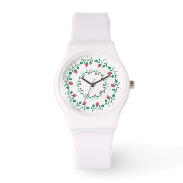 Blommigt runt ram med blommor från rosa ros armbandsur (Framsida)