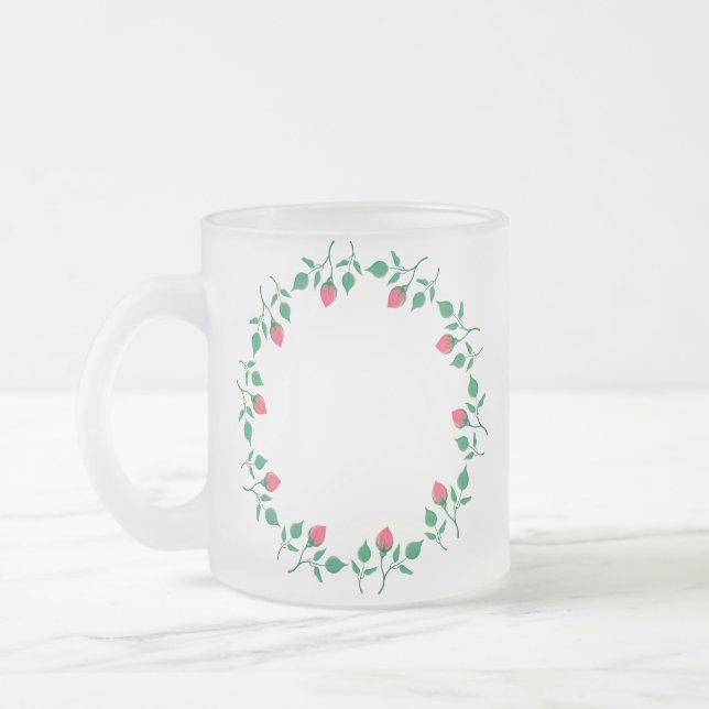 Blommigt runt ram med blommor från rosa ros frostad glasmugg (Vänster)