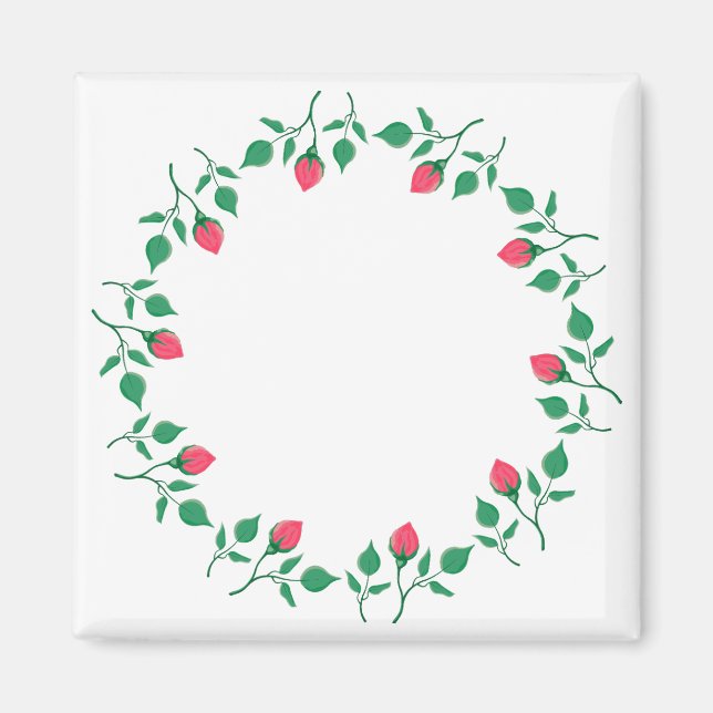 Blommigt runt ram med blommor från rosa ros magnet (Framsidan)