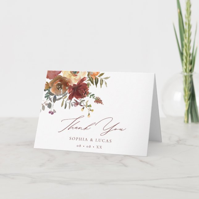 Blommigt Rust Burgundy Fall Wedding Tack Kort (Framsida)