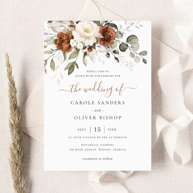 Blommigt Rust Ivory Cream Greenery Fall Wedding Inbjudningar (Skapare uppladdad)