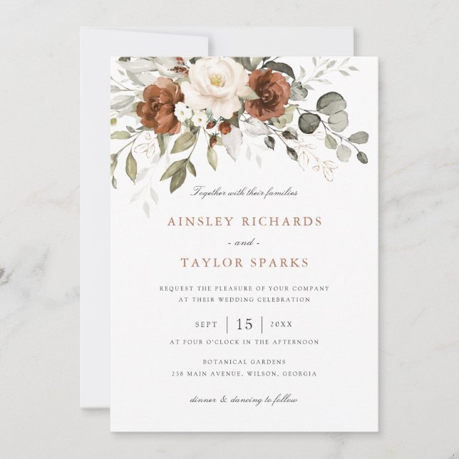 Blommigt Rust Ivory Cream Greenery Fall Wedding Inbjudningar (Framsida)