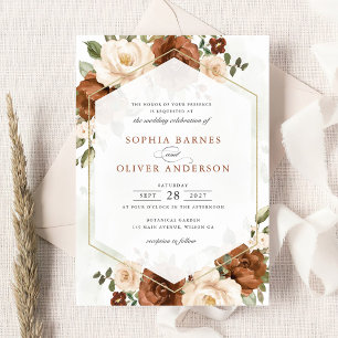 Blommigt Rust Peach Greenery Guld Geometric Bröllo Inbjudningar