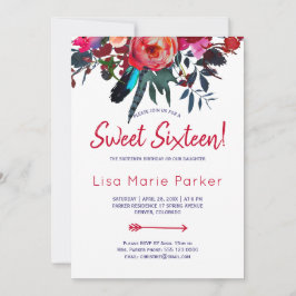 Blommigt Rustic boho red navy blue bouquet sötad 1 Inbjudningar