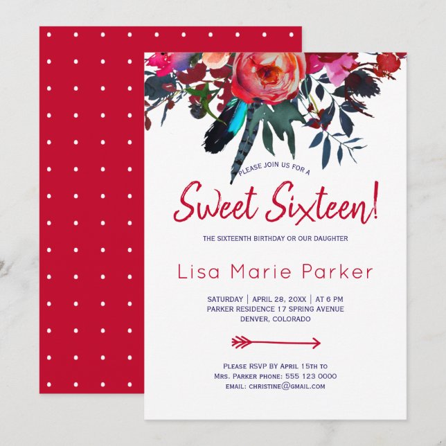 Blommigt Rustic boho red navy blue bouquet sötad 1 Inbjudningar (Fram/baksida)