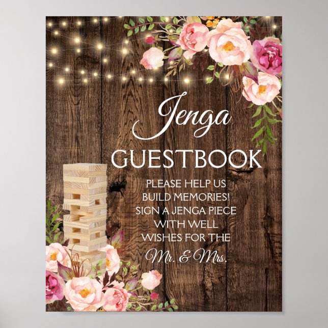 Blommigt Rustic Bröllop Jenga Guest Bok Poster (Framsidan)