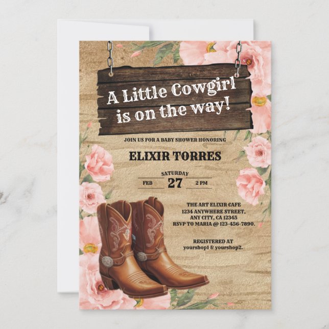 Blommigt Rustic Cowgirl Boots Baby Shower Inbjudningar (Framsida)