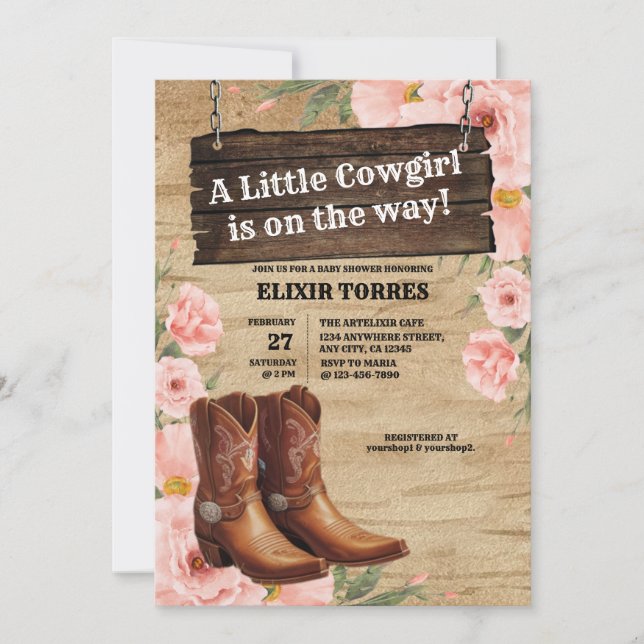 Blommigt Rustic Cowgirl Boots Baby Shower Inbjudningar (Framsida)