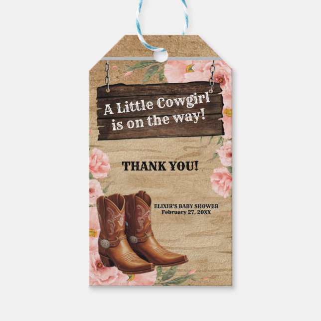 Blommigt Rustic Cowgirl Boots Baby Shower Presentetikett (Framsidan)