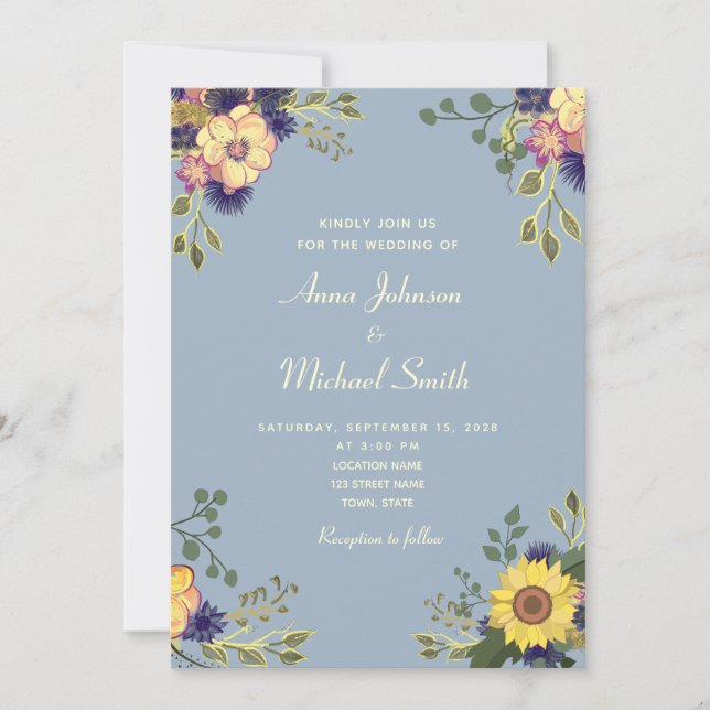 Blommigt Rustic Dusty Blue Wedding bjudande Inbjudningar (Framsida)