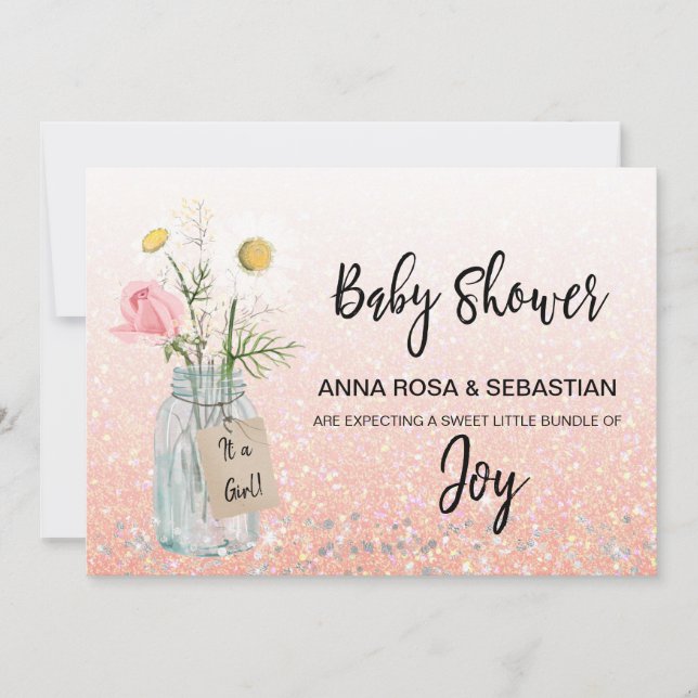 *~* Blommigt Rustic Glitter Mason Burk Baby Shower Inbjudningar (Framsida)
