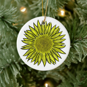 Blommigt Rustic Gult Solros Hand plockade Julgransprydnad Keramik