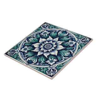 Blommigt Rustic Indigo Greenish Blue Azulejos Kakelplatta