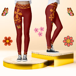 Blommigt Rustic Retro Vintage Deep Red Land Leggings