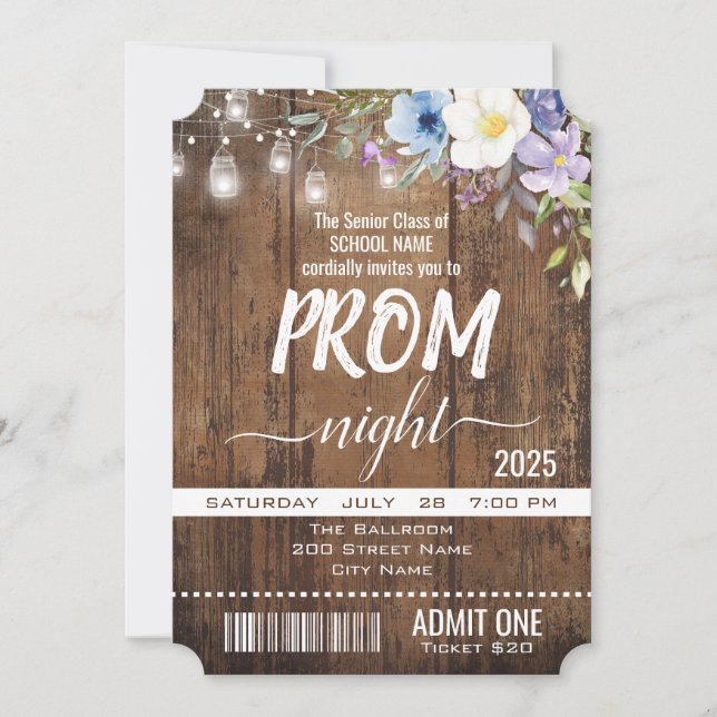 Blommigt Rustic Studenten Prom Night Biljett Inbjudningar (Framsida)