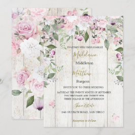 Blommigt Rustic Wood Guld Rosa bröllopsinbjudan Inbjudningar