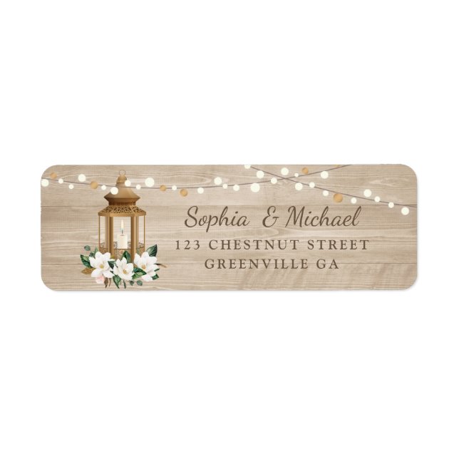 Blommigt Rustic Wood Lantern Magnolia String Ljus Returadress Etikett (Framsidan)