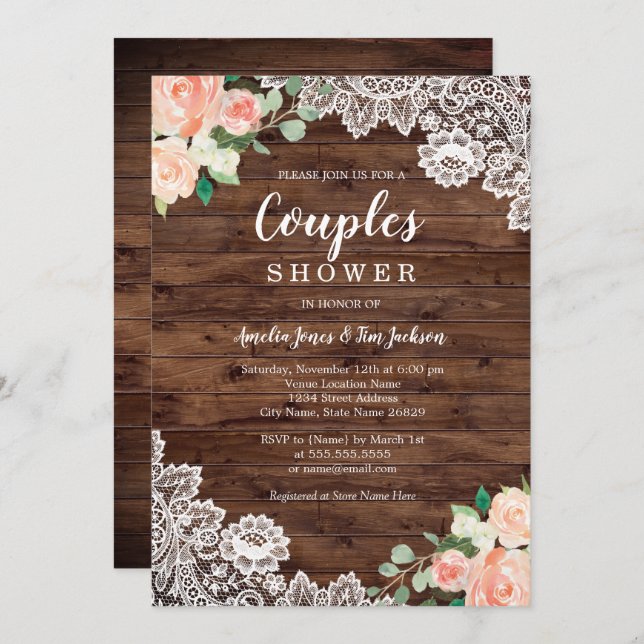 Blommigt Rustic Wood Snöre Par Möhippa Inbjudningar (Fram/baksida)