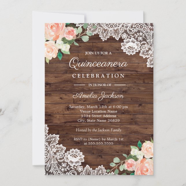 Blommigt Rustic Wood Snöre Quinceanera-inbjudan Inbjudningar (Framsida)
