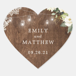 Blommigt Rustic Wood Snöre String Ljus Mason Burk Hjärtformat Klistermärke