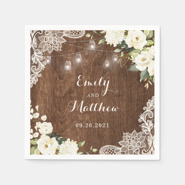 Blommigt Rustic Wood Snöre String Ljus Mason Burk Pappersservett (Framsidan)