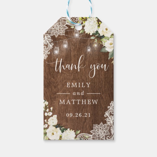 Blommigt Rustic Wood Snöre String Ljus Mason Burk Presentetikett (Framsidan)
