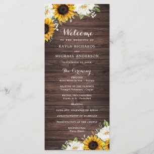 Blommigt Rustic Wood Solros Greenery Barn Bröllop Program